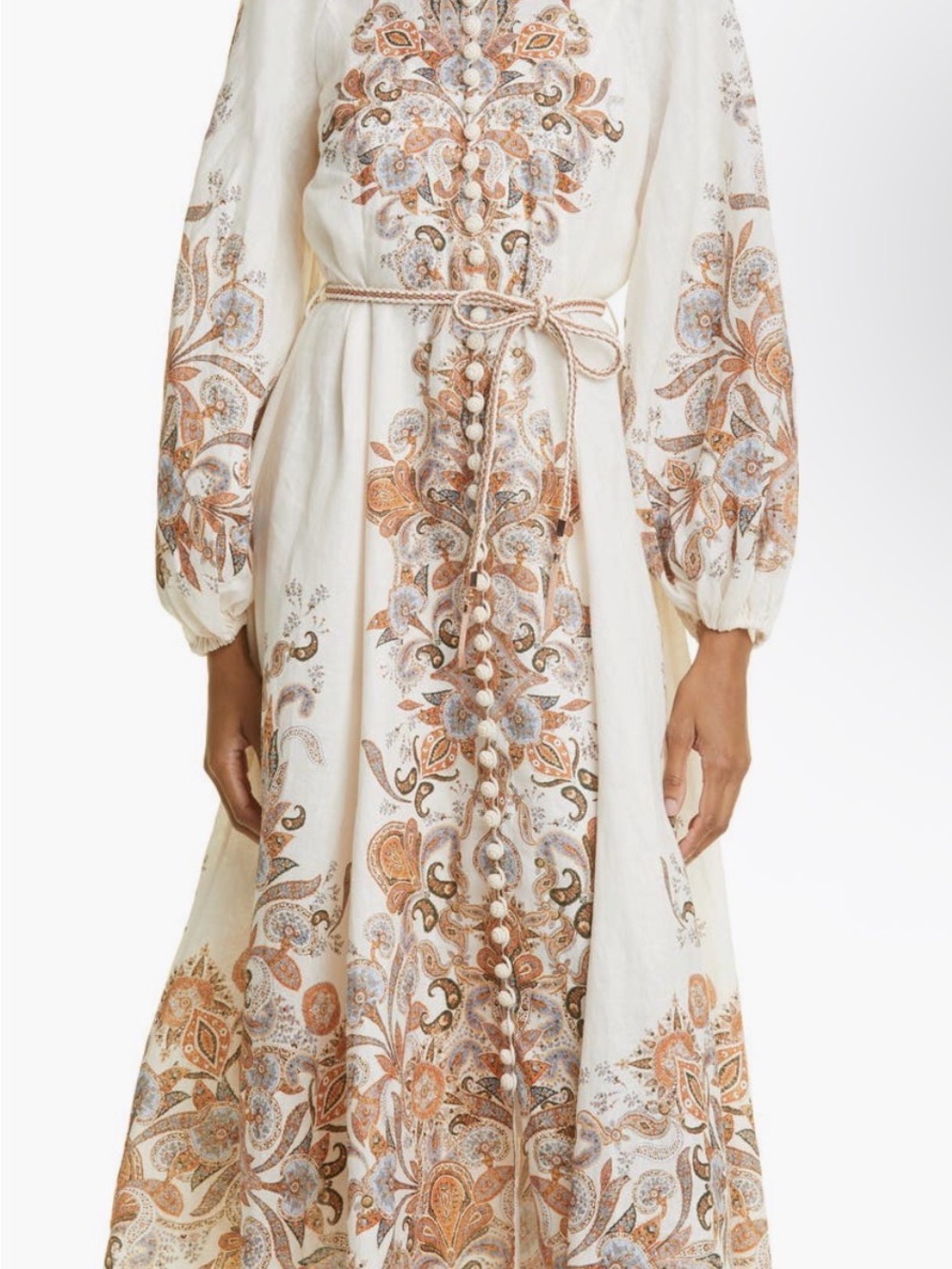 Zimmermann Ivory Midi Dress with Rust and Light Blue Paisley Embroidery